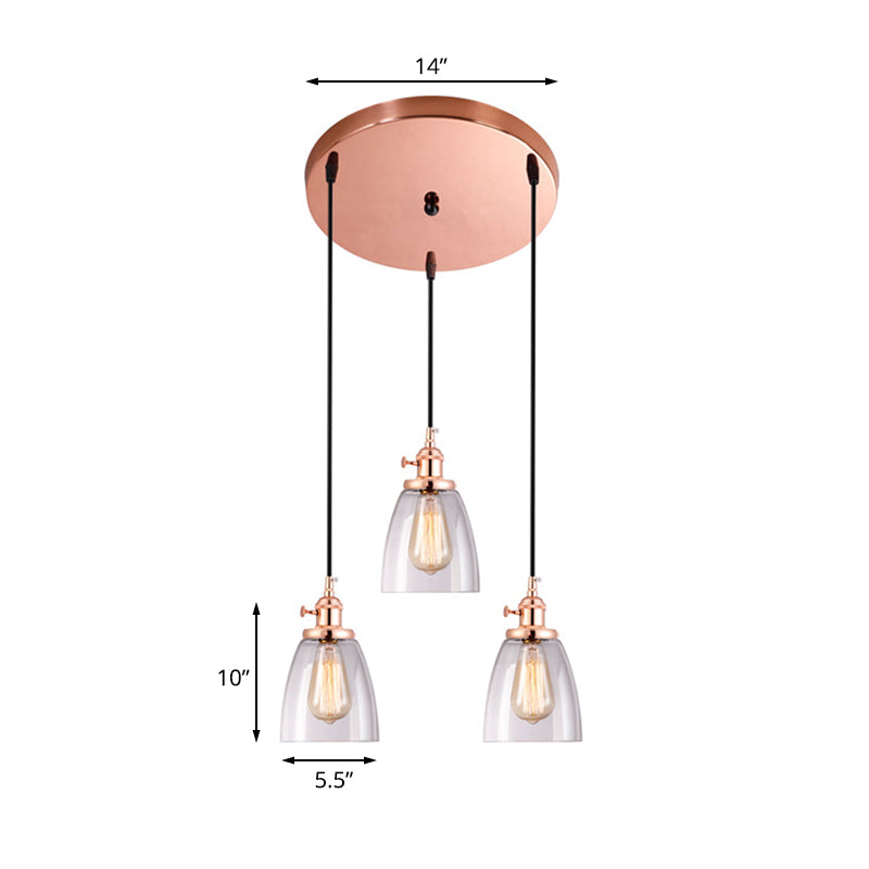 Rose Gold Cone Multi Pendant Light Fixture Modern Clear Glass 3-Light Dining Room Hanging Lamp Clearhalo 'Ceiling Lights' 'Chandeliers' 'Glass shade' 'Glass' 'Industrial Pendants' 'Industrial' 'Middle Century Pendants' 'Pendant Lights' 'Pendants' 'Tiffany' Lighting' 141306