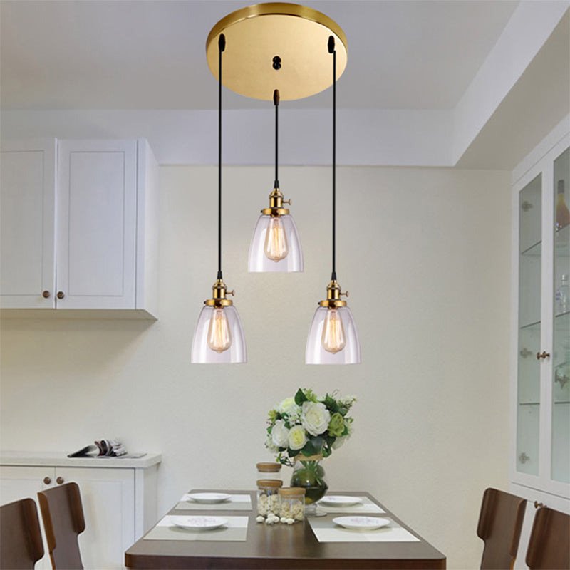 3-Light Multi Pendant Tapered Clear Glass Industrial Dining Room Hanging Light Fixture in Aged Brass Clear Round Clearhalo 'Ceiling Lights' 'Glass shade' 'Glass' 'Industrial Pendants' 'Industrial' 'Middle Century Pendants' 'Pendant Lights' 'Pendants' 'Tiffany' Lighting' 141317