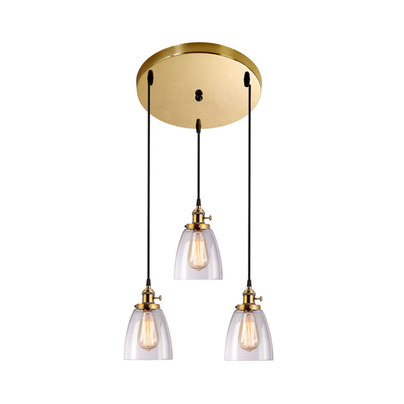 3-Light Multi Pendant Tapered Clear Glass Industrial Dining Room Hanging Light Fixture in Aged Brass Clearhalo 'Ceiling Lights' 'Glass shade' 'Glass' 'Industrial Pendants' 'Industrial' 'Middle Century Pendants' 'Pendant Lights' 'Pendants' 'Tiffany' Lighting' 141319