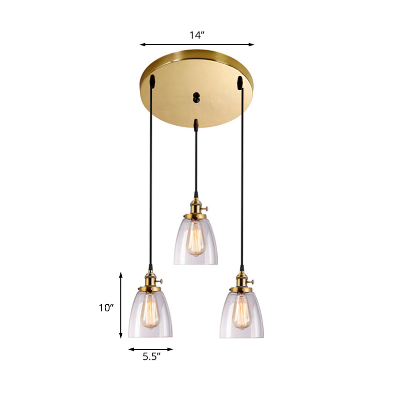 3-Light Multi Pendant Tapered Clear Glass Industrial Dining Room Hanging Light Fixture in Aged Brass Clearhalo 'Ceiling Lights' 'Glass shade' 'Glass' 'Industrial Pendants' 'Industrial' 'Middle Century Pendants' 'Pendant Lights' 'Pendants' 'Tiffany' Lighting' 141320