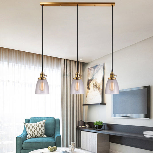 3-Light Multi Pendant Tapered Clear Glass Industrial Dining Room Hanging Light Fixture in Aged Brass Clear Linear Clearhalo 'Ceiling Lights' 'Glass shade' 'Glass' 'Industrial Pendants' 'Industrial' 'Middle Century Pendants' 'Pendant Lights' 'Pendants' 'Tiffany' Lighting' 141321
