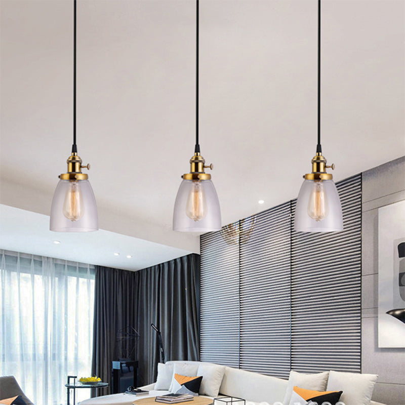 3-Light Multi Pendant Tapered Clear Glass Industrial Dining Room Hanging Light Fixture in Aged Brass Clearhalo 'Ceiling Lights' 'Glass shade' 'Glass' 'Industrial Pendants' 'Industrial' 'Middle Century Pendants' 'Pendant Lights' 'Pendants' 'Tiffany' Lighting' 141322
