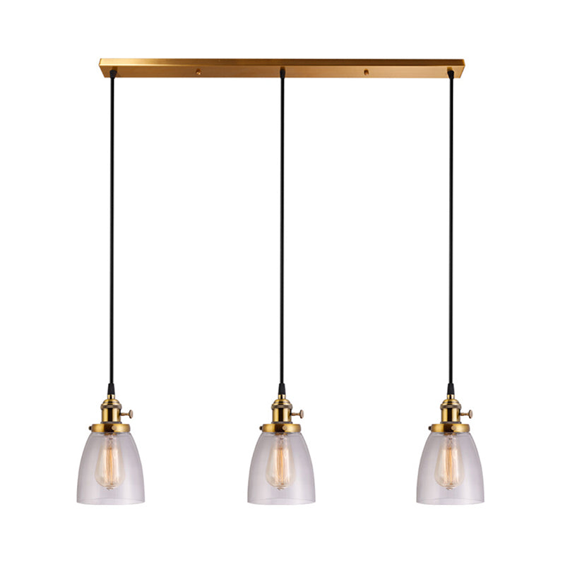 3-Light Multi Pendant Tapered Clear Glass Industrial Dining Room Hanging Light Fixture in Aged Brass Clearhalo 'Ceiling Lights' 'Glass shade' 'Glass' 'Industrial Pendants' 'Industrial' 'Middle Century Pendants' 'Pendant Lights' 'Pendants' 'Tiffany' Lighting' 141323