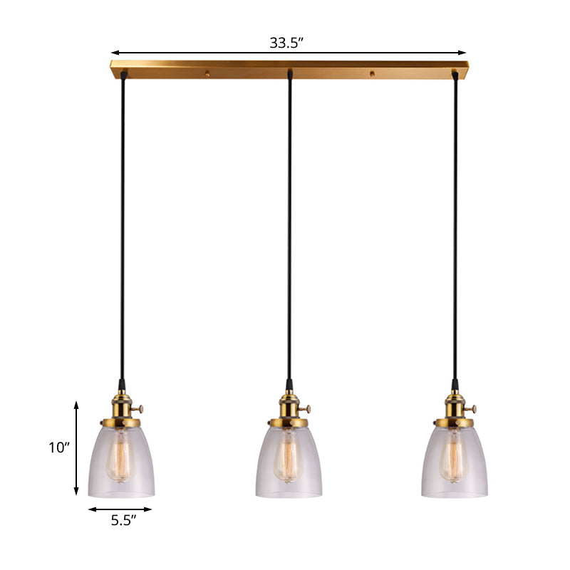 3-Light Multi Pendant Tapered Clear Glass Industrial Dining Room Hanging Light Fixture in Aged Brass Clearhalo 'Ceiling Lights' 'Glass shade' 'Glass' 'Industrial Pendants' 'Industrial' 'Middle Century Pendants' 'Pendant Lights' 'Pendants' 'Tiffany' Lighting' 141324
