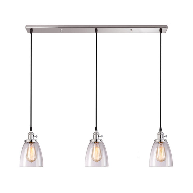 3 Lights Multiple Hanging Light Industrial Conical Clear Glass Pendant Lighting in Chrome Clearhalo 'Ceiling Lights' 'Glass shade' 'Glass' 'Industrial Pendants' 'Industrial' 'Middle Century Pendants' 'Pendant Lights' 'Pendants' 'Tiffany' Lighting' 141332