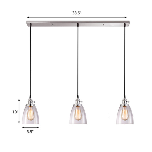 3 Lights Multiple Hanging Light Industrial Conical Clear Glass Pendant Lighting in Chrome Clearhalo 'Ceiling Lights' 'Glass shade' 'Glass' 'Industrial Pendants' 'Industrial' 'Middle Century Pendants' 'Pendant Lights' 'Pendants' 'Tiffany' Lighting' 141333