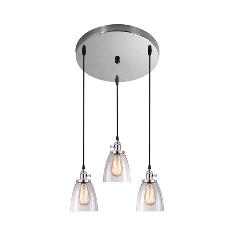 3 Lights Multiple Hanging Light Industrial Conical Clear Glass Pendant Lighting in Chrome Clearhalo 'Ceiling Lights' 'Glass shade' 'Glass' 'Industrial Pendants' 'Industrial' 'Middle Century Pendants' 'Pendant Lights' 'Pendants' 'Tiffany' Lighting' 141336