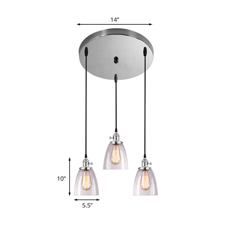 3 Lights Multiple Hanging Light Industrial Conical Clear Glass Pendant Lighting in Chrome Clearhalo 'Ceiling Lights' 'Glass shade' 'Glass' 'Industrial Pendants' 'Industrial' 'Middle Century Pendants' 'Pendant Lights' 'Pendants' 'Tiffany' Lighting' 141337