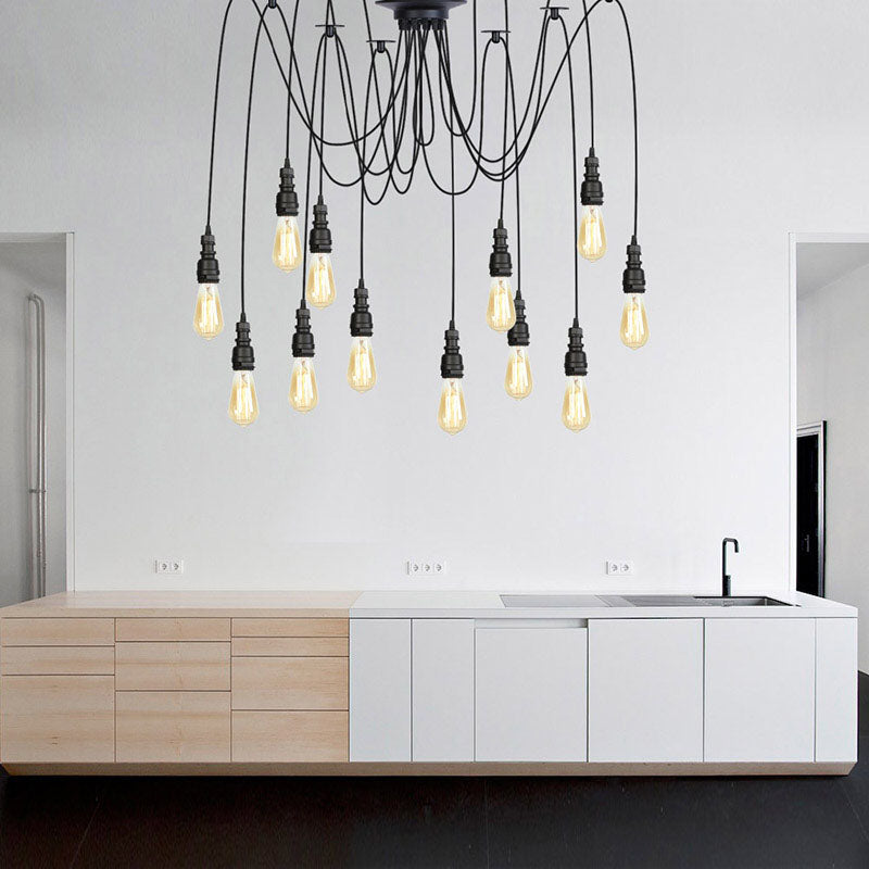 Industrial Style Swag Hanging Lamp 2/3 Heads Metal Pendant Ceiling Light with Exposed Bulb in Black Finish 12 Black Clearhalo 'Art Deco Pendants' 'Black' 'Cast Iron' 'Ceiling Lights' 'Ceramic' 'Crystal' 'Industrial Pendants' 'Industrial' 'Metal' 'Middle Century Pendants' 'Pendant Lights' 'Pendants' 'Rustic Pendants' 'Tiffany' Lighting' 141343