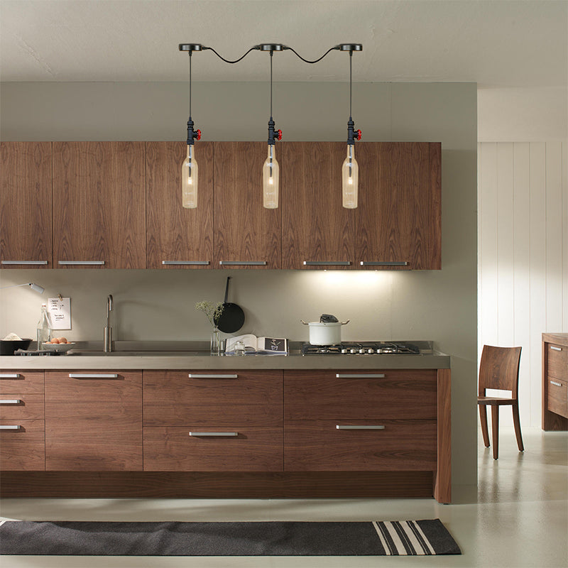 Glass Clear Pendant Light Fixture Wine Bottle 3-Light Industrial Style Hanging Lamp with Pipe and Water Valve Clear Clearhalo 'Ceiling Lights' 'Glass shade' 'Glass' 'Industrial Pendants' 'Industrial' 'Middle Century Pendants' 'Pendant Lights' 'Pendants' 'Tiffany' Lighting' 141367