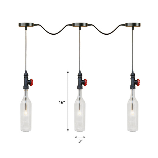 Glass Clear Pendant Light Fixture Wine Bottle 3-Light Industrial Style Hanging Lamp with Pipe and Water Valve Clearhalo 'Ceiling Lights' 'Glass shade' 'Glass' 'Industrial Pendants' 'Industrial' 'Middle Century Pendants' 'Pendant Lights' 'Pendants' 'Tiffany' Lighting' 141370