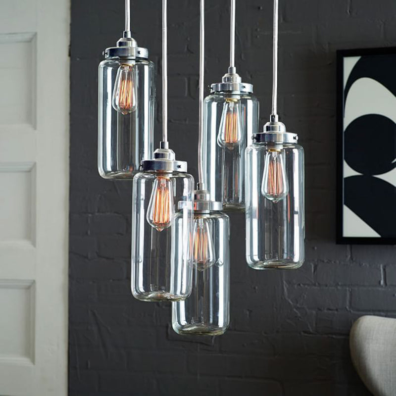 5-Light Multi Pendant Light Fixture Modern Tubed Clear Glass Hanging Lamp for Foyer Clear Clearhalo 'Ceiling Lights' 'Glass shade' 'Glass' 'Industrial Pendants' 'Industrial' 'Island Lights' 'Middle Century Pendants' 'Pendant Lights' 'Pendants' 'Tiffany' Lighting' 141371