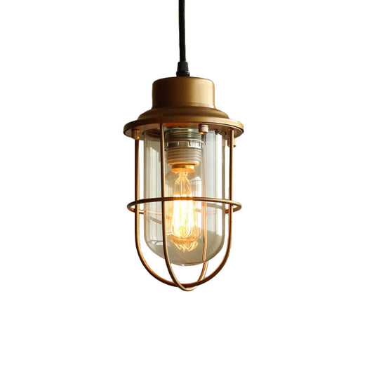 Brass Caged Pendant Light Vintage Retro Style Clear Glass 1 Bulb Hanging Ceiling Light Clearhalo 'Ceiling Lights' 'Close To Ceiling Lights' 'Glass shade' 'Glass' 'Industrial Pendants' 'Industrial' 'Middle Century Pendants' 'Pendant Lights' 'Pendants' 'Tiffany' Lighting' 141391