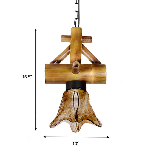 Lodge Style Scalloped Suspension Light Bamboo and Amber Glass Shade 1 Light Pendant Lamp Clearhalo 'Ceiling Lights' 'Industrial Pendants' 'Industrial' 'Middle Century Pendants' 'Pendant Lights' 'Pendants' 'Tiffany' Lighting' 141448