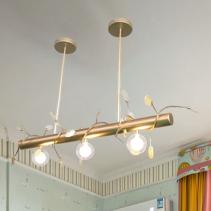 Iron Branch Island Pendant Contemporary 3-Light Ceiling Light Fixture in Pink/Yellow/Orange with Clear Glass Ball Shade Clearhalo 'Ceiling Lights' 'Close To Ceiling Lights' 'Glass shade' 'Glass' 'Island Lights' Lighting' 1414678