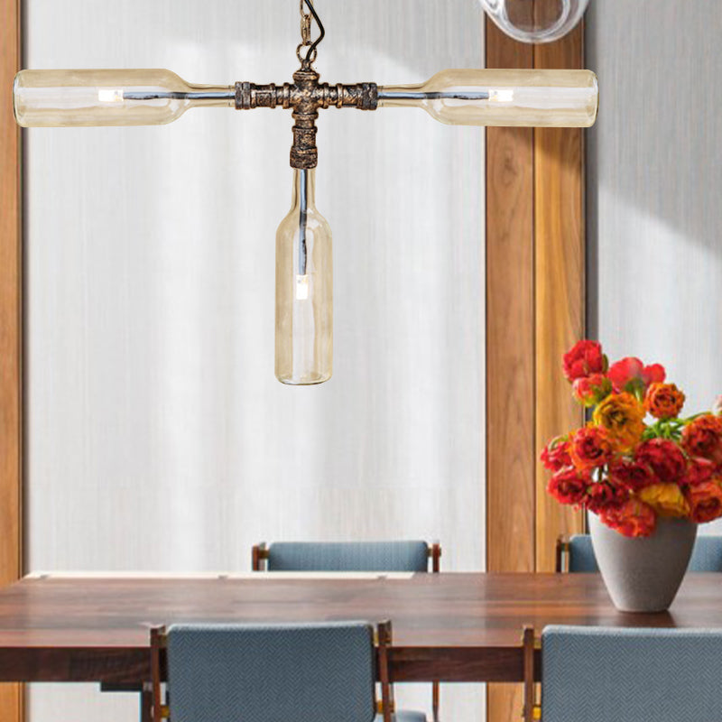 Smoke Gray/Blue Bottle Ceiling Lighting Farmhouse Style Glass 3/4/5 Lights Dining Room Hanging Lamp in Aged Silver/Black 3 Antique Brass Clear Clearhalo 'Ceiling Lights' 'Glass shade' 'Glass' 'Industrial Pendants' 'Industrial' 'Island Lights' 'Middle Century Pendants' 'Pendant Lights' 'Pendants' 'Tiffany' Lighting' 141468