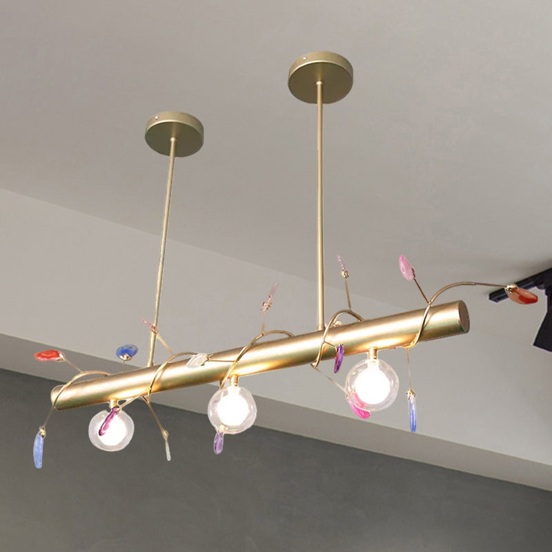 Iron Branch Island Pendant Contemporary 3-Light Ceiling Light Fixture in Pink/Yellow/Orange with Clear Glass Ball Shade Clearhalo 'Ceiling Lights' 'Close To Ceiling Lights' 'Glass shade' 'Glass' 'Island Lights' Lighting' 1414681