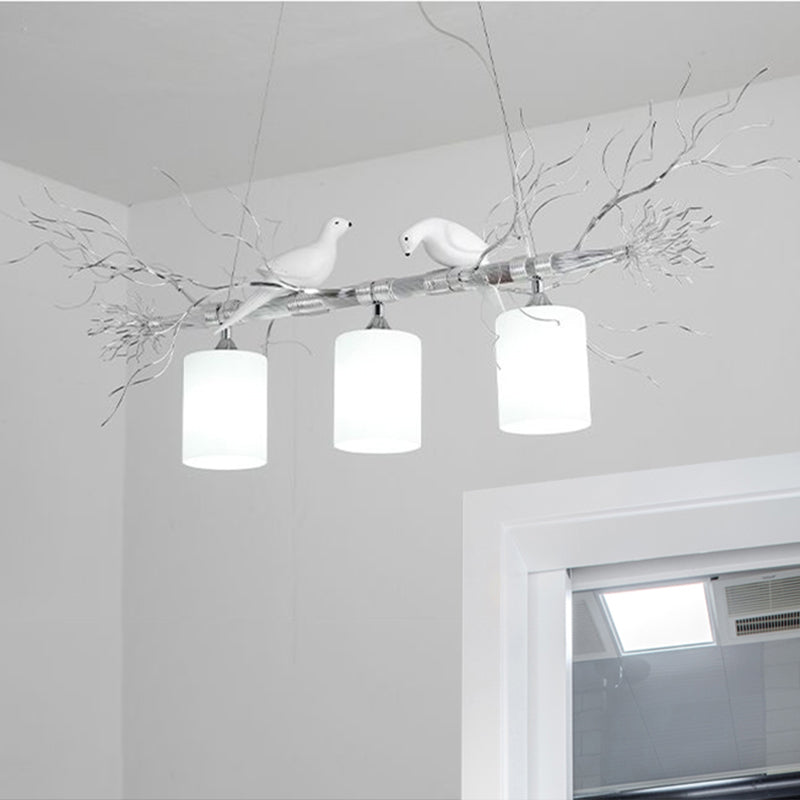 Cylinder Ceiling Island Pendant Modern 3-Head White Glass Hanging Light Fixture with Gold/Silver Branch Clearhalo 'Ceiling Lights' 'Close To Ceiling Lights' 'Glass shade' 'Glass' 'Island Lights' Lighting' 1414687