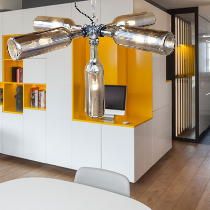 Smoke Gray/Blue Bottle Ceiling Lighting Farmhouse Style Glass 3/4/5 Lights Dining Room Hanging Lamp in Aged Silver/Black Clearhalo 'Ceiling Lights' 'Glass shade' 'Glass' 'Industrial Pendants' 'Industrial' 'Island Lights' 'Middle Century Pendants' 'Pendant Lights' 'Pendants' 'Tiffany' Lighting' 141495