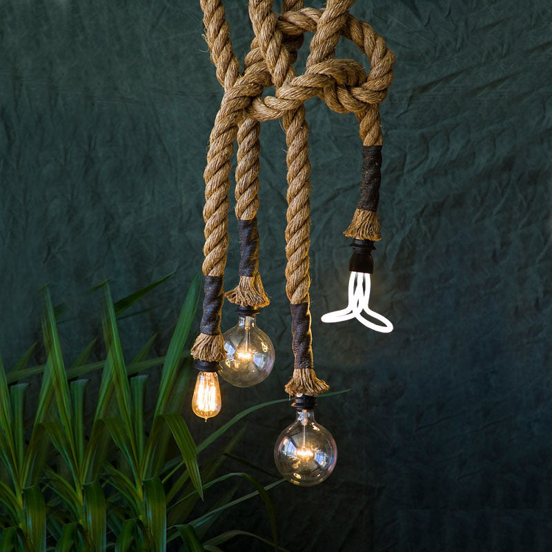 Coastal Rope-Hung Pendant Lamp with Expose Bulb 4 Lights Hanging Light Fixture in Beige for Restaurant Beige Clearhalo 'Ceiling Lights' 'Industrial Pendants' 'Industrial' 'Middle Century Pendants' 'Pendant Lights' 'Pendants' 'Tiffany' Lighting' 141564