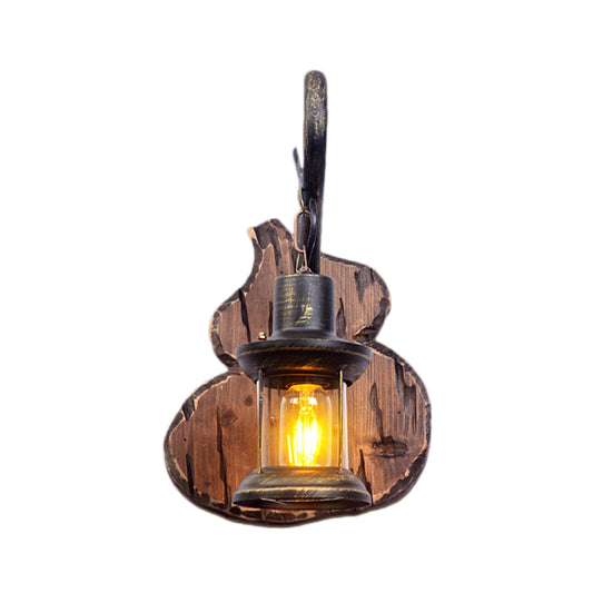 Coastal Lantern Wall Lighting Fixture 1 Bulb Clear Glass Sconce Light in Antique Brass with Gourd Backplate Clearhalo 'Industrial wall lights' 'Industrial' 'Middle century wall lights' 'Rustic wall lights' 'Tiffany' 'Wall Lamps & Sconces' 'Wall Lights' Lighting' 141570