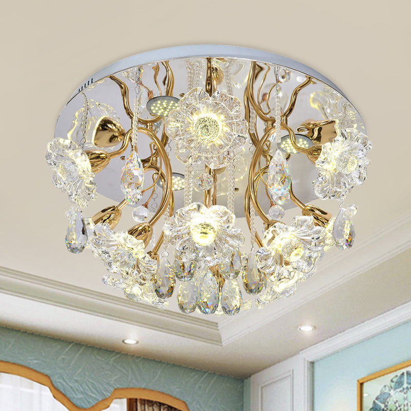 Gold LED Lighting Fixture Traditional Clear Crystal Floral Shade Flush Mount Lamp with Droplet Gold Clearhalo 'Ceiling Lights' 'Close To Ceiling Lights' 'Close to ceiling' 'Semi-flushmount' Lighting' 1415870