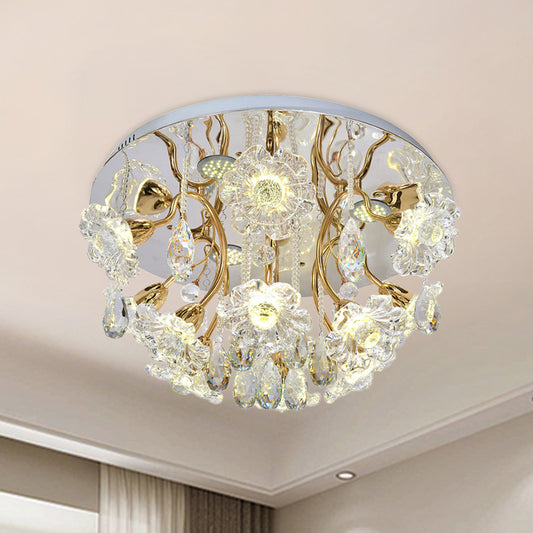 Gold LED Lighting Fixture Traditional Clear Crystal Floral Shade Flush Mount Lamp with Droplet Clearhalo 'Ceiling Lights' 'Close To Ceiling Lights' 'Close to ceiling' 'Semi-flushmount' Lighting' 1415871