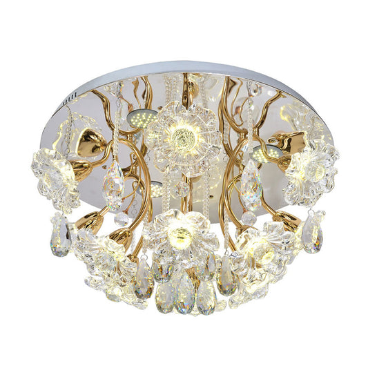 Gold LED Lighting Fixture Traditional Clear Crystal Floral Shade Flush Mount Lamp with Droplet Clearhalo 'Ceiling Lights' 'Close To Ceiling Lights' 'Close to ceiling' 'Semi-flushmount' Lighting' 1415872
