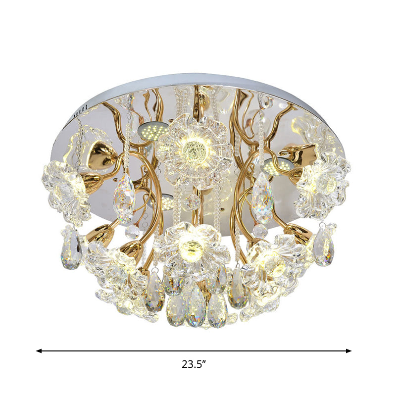 Gold LED Lighting Fixture Traditional Clear Crystal Floral Shade Flush Mount Lamp with Droplet Clearhalo 'Ceiling Lights' 'Close To Ceiling Lights' 'Close to ceiling' 'Semi-flushmount' Lighting' 1415873