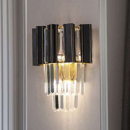 3 Bulbs Clear Crystal Prisms Sconce Light Contemporary Black Boxes Tapered Bedroom Wall Lamp Black Clearhalo 'Modern wall lights' 'Modern' 'Wall Lamps & Sconces' 'Wall Lights' Lighting' 1415883