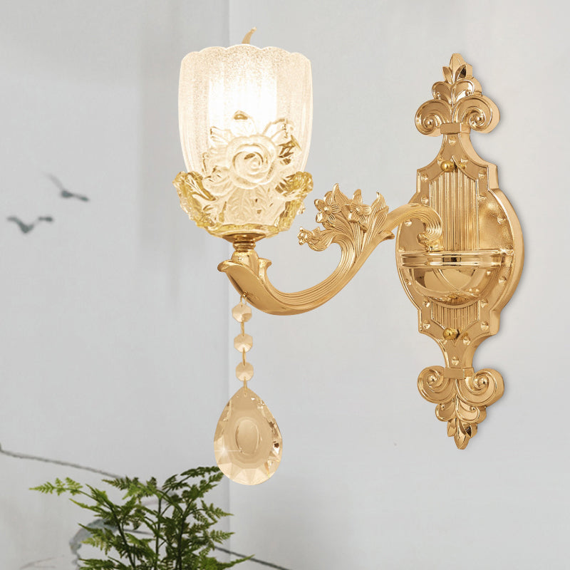Clear Crystal Floral Shade Wall Lamp Traditional 1/2-Head Living Room Sconce Light in Brass with Curvy Arm 1.0 Brass Clearhalo 'Wall Lamps & Sconces' 'Wall Lights' Lighting' 1415955