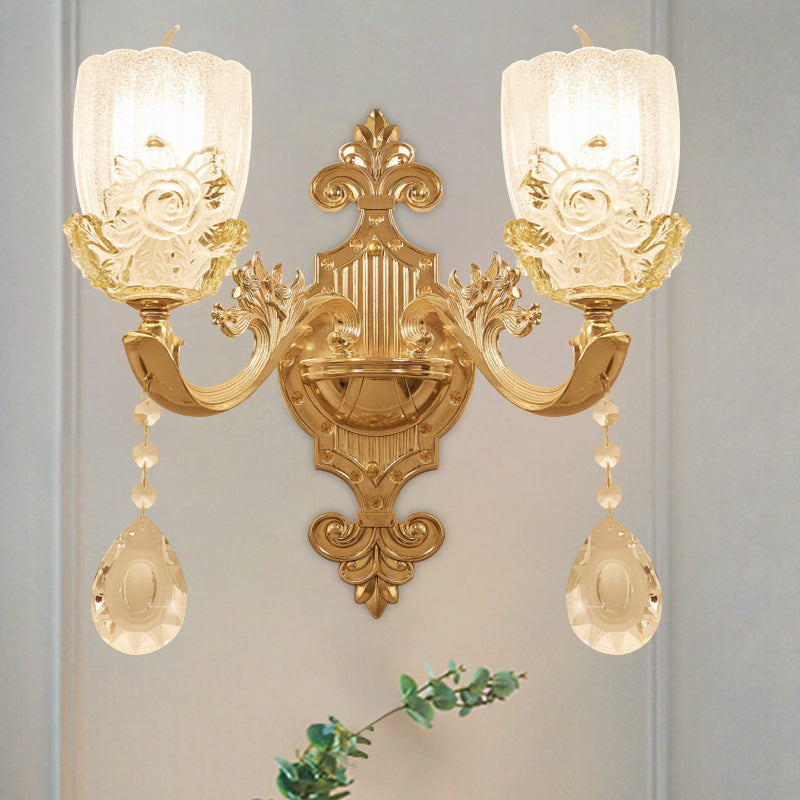Clear Crystal Floral Shade Wall Lamp Traditional 1/2-Head Living Room Sconce Light in Brass with Curvy Arm 2.0 Brass Clearhalo 'Wall Lamps & Sconces' 'Wall Lights' Lighting' 1415959