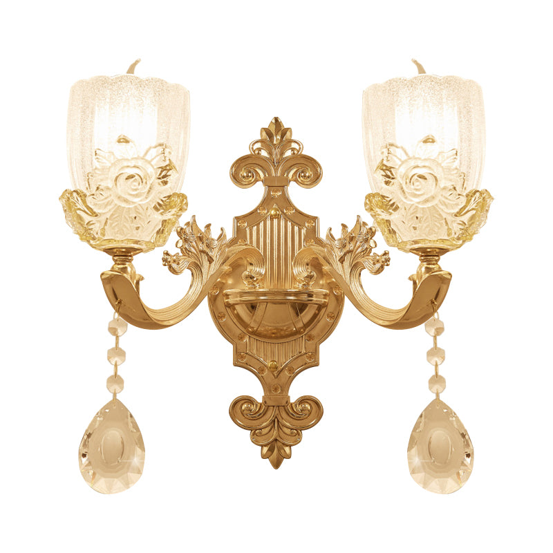 Clear Crystal Floral Shade Wall Lamp Traditional 1/2-Head Living Room Sconce Light in Brass with Curvy Arm Clearhalo 'Wall Lamps & Sconces' 'Wall Lights' Lighting' 1415961