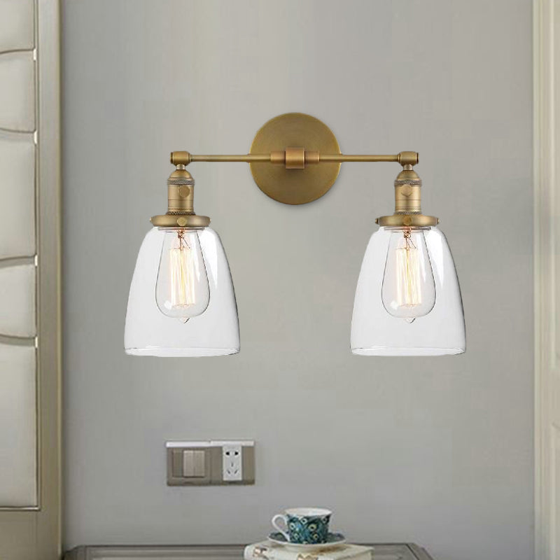 Clear Glass Brass Sconce Light Conical 2-Light Industrial Wall Lamp Fixture for Foyer Clearhalo 'Cast Iron' 'Glass' 'Industrial wall lights' 'Industrial' 'Middle century wall lights' 'Modern' 'Tiffany' 'Traditional wall lights' 'Wall Lamps & Sconces' 'Wall Lights' Lighting' 1415966