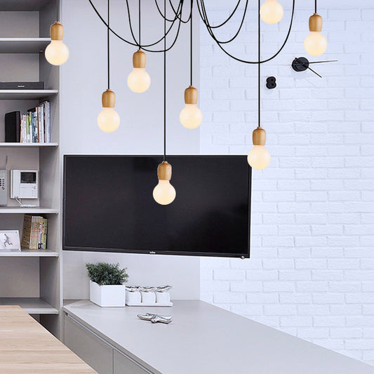 Black Swag Hanging Lamp with Exposed Bulb Industrial Wood 8/12 Lights Dining Room Pendant Lamp 8 Black Clearhalo 'Ceiling Lights' 'Industrial Pendants' 'Industrial' 'Middle Century Pendants' 'Pendant Lights' 'Pendants' 'Tiffany' Lighting' 141596