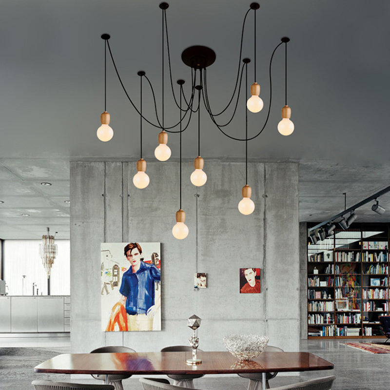Black Swag Hanging Lamp with Exposed Bulb Industrial Wood 8/12 Lights Dining Room Pendant Lamp Clearhalo 'Ceiling Lights' 'Industrial Pendants' 'Industrial' 'Middle Century Pendants' 'Pendant Lights' 'Pendants' 'Tiffany' Lighting' 141597