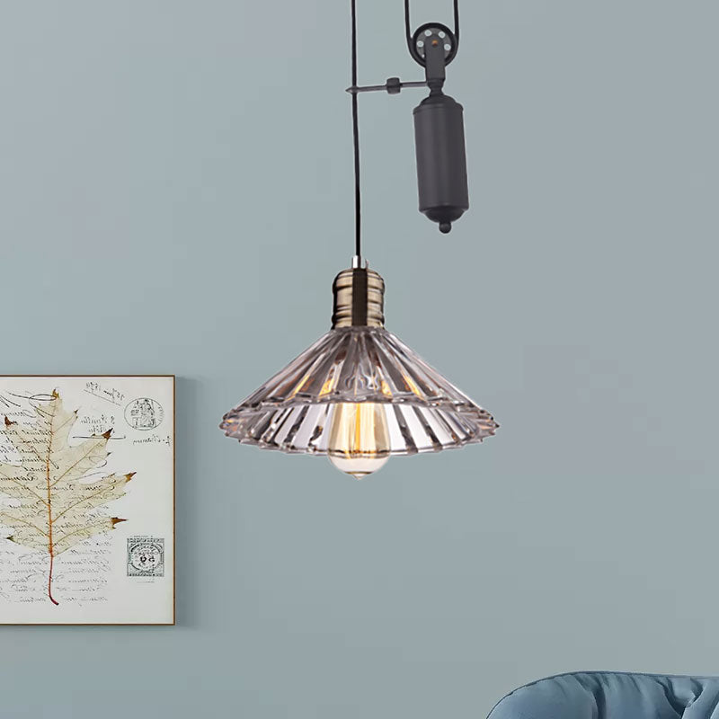 One Light Lighting Fixture with Cone Shape Ribbed Glass Farmhouse Living Room Pendant Light in Bronze/Brass Clearhalo 'Ceiling Lights' 'Close To Ceiling Lights' 'Glass shade' 'Glass' 'Industrial Pendants' 'Industrial' 'Middle Century Pendants' 'Pendant Lights' 'Pendants' 'Tiffany' Lighting' 1415971