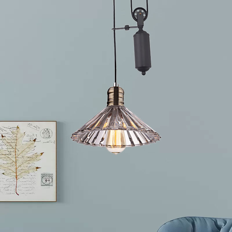 One Light Lighting Fixture with Cone Shape Ribbed Glass Farmhouse Living Room Pendant Light in Bronze/Brass Clearhalo 'Ceiling Lights' 'Close To Ceiling Lights' 'Glass shade' 'Glass' 'Industrial Pendants' 'Industrial' 'Middle Century Pendants' 'Pendant Lights' 'Pendants' 'Tiffany' Lighting' 1415971