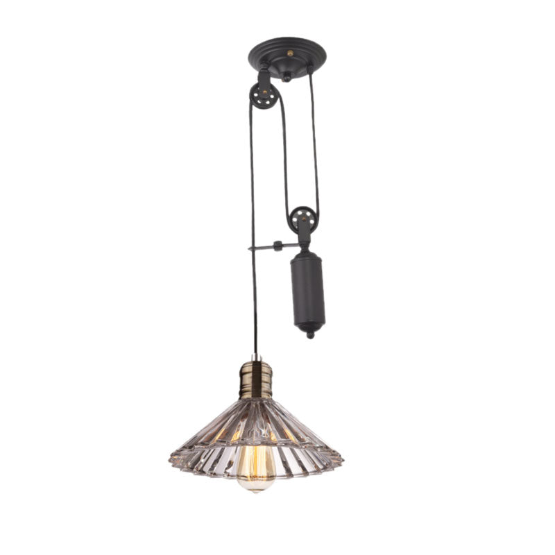 One Light Lighting Fixture with Cone Shape Ribbed Glass Farmhouse Living Room Pendant Light in Bronze/Brass Clearhalo 'Ceiling Lights' 'Close To Ceiling Lights' 'Glass shade' 'Glass' 'Industrial Pendants' 'Industrial' 'Middle Century Pendants' 'Pendant Lights' 'Pendants' 'Tiffany' Lighting' 1415972