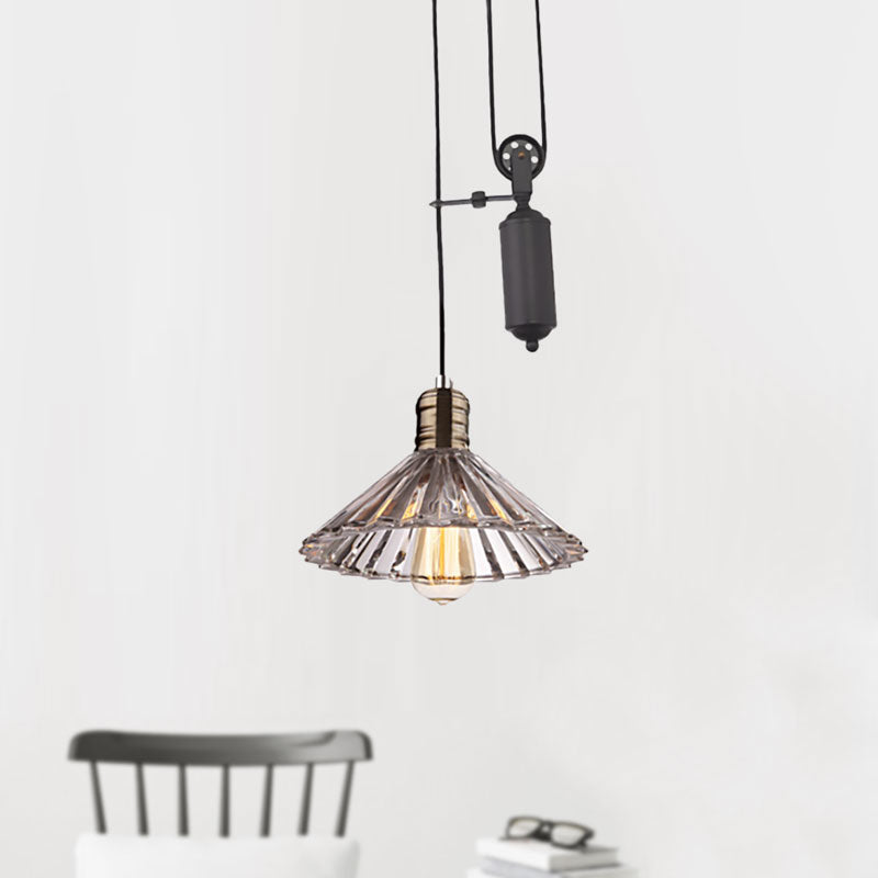 One Light Lighting Fixture with Cone Shape Ribbed Glass Farmhouse Living Room Pendant Light in Bronze/Brass Clearhalo 'Ceiling Lights' 'Close To Ceiling Lights' 'Glass shade' 'Glass' 'Industrial Pendants' 'Industrial' 'Middle Century Pendants' 'Pendant Lights' 'Pendants' 'Tiffany' Lighting' 1415973