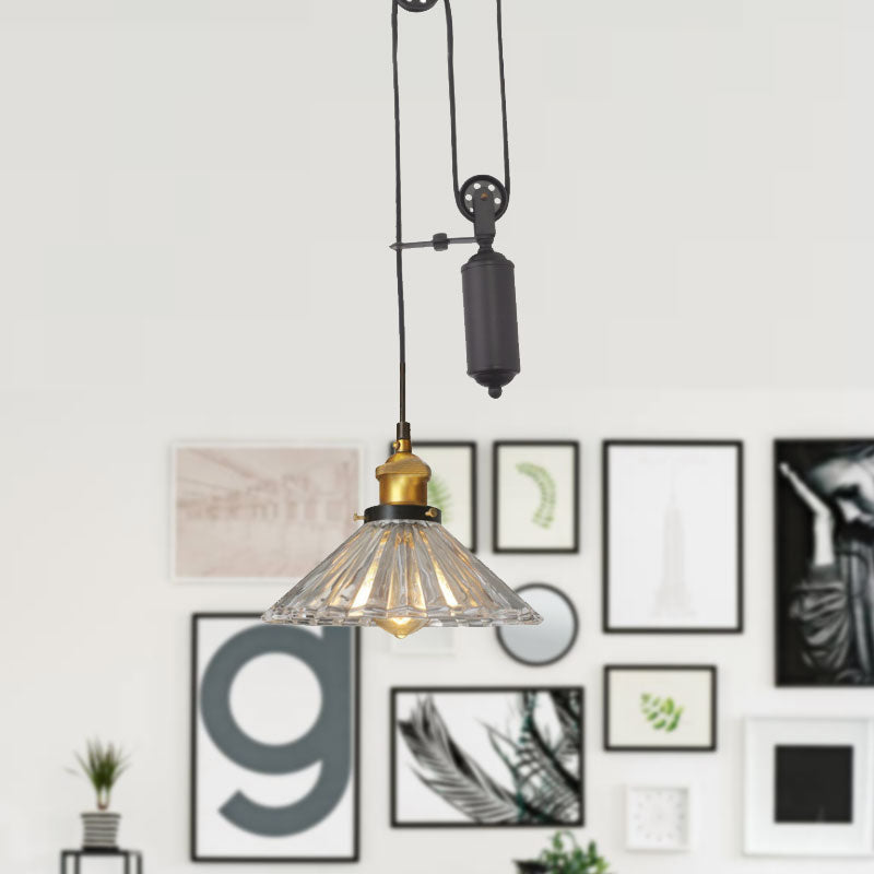 One Light Lighting Fixture with Cone Shape Ribbed Glass Farmhouse Living Room Pendant Light in Bronze/Brass Clearhalo 'Ceiling Lights' 'Close To Ceiling Lights' 'Glass shade' 'Glass' 'Industrial Pendants' 'Industrial' 'Middle Century Pendants' 'Pendant Lights' 'Pendants' 'Tiffany' Lighting' 1415974