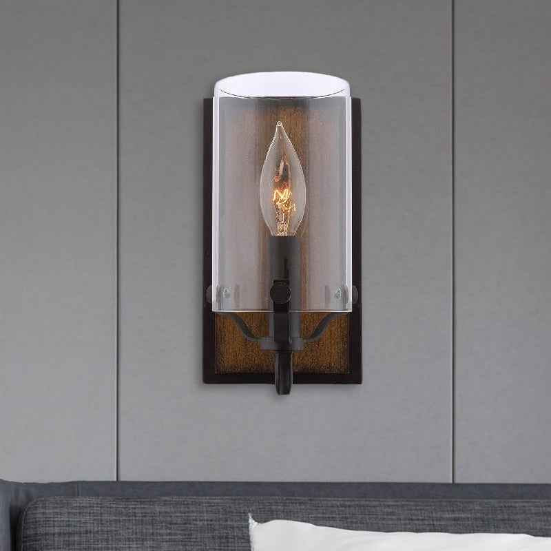 1 Bulb Cylinder Wall Mounted Light Fixture Industrial Brown Clear Glass Lighting with Wooden Backplate Clearhalo 'Cast Iron' 'Glass' 'Industrial wall lights' 'Industrial' 'Middle century wall lights' 'Modern' 'Tiffany' 'Traditional wall lights' 'Wall Lamps & Sconces' 'Wall Lights' Lighting' 1415987