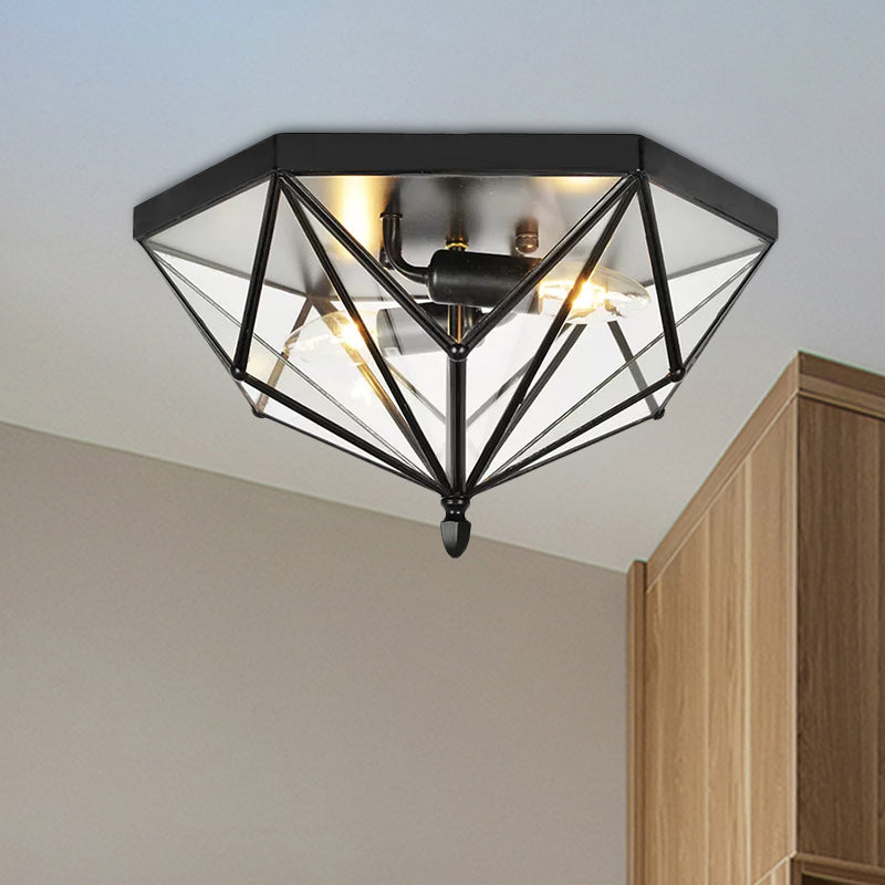 Single Bulb Flushmount Lighting Vintage Polyhedron Clear Glass Ceiling Light in Black for Foyer Clearhalo 'Ceiling Lights' 'Close To Ceiling Lights' 'Close to ceiling' 'Flush mount' 'Industrial Flush Mount' Lighting' 1415988