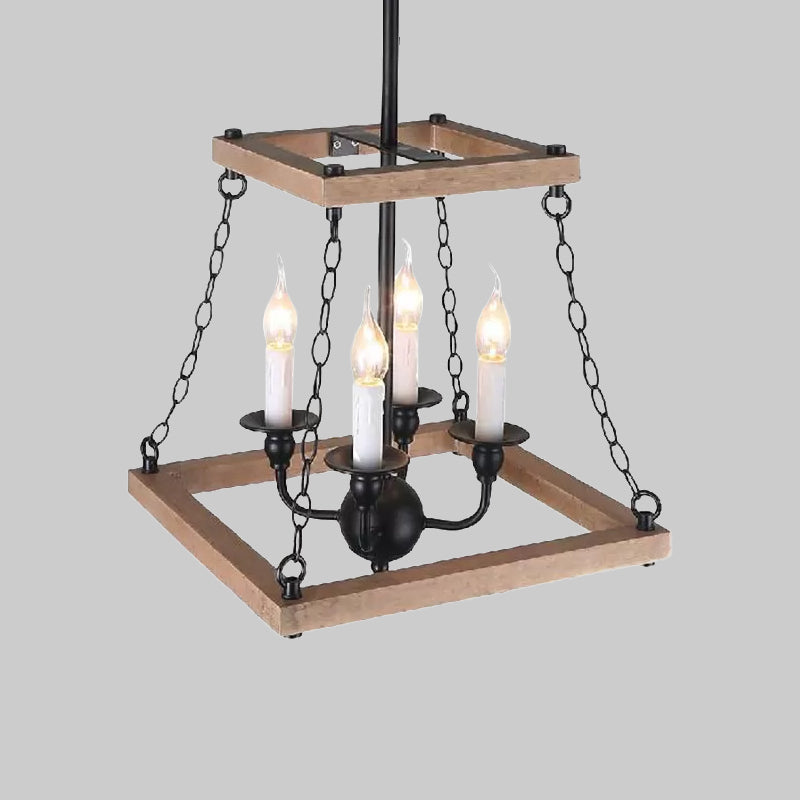 Brown Trapezoid Chandelier Lamp with Flameless Candle Farmhouse Metal and Wood 4-Light Kitchen Hanging Lamp Clearhalo 'Cast Iron' 'Ceiling Lights' 'Chandeliers' 'Industrial Chandeliers' 'Industrial' 'Metal' 'Middle Century Chandeliers' 'Rustic Chandeliers' 'Tiffany' Lighting' 1415993