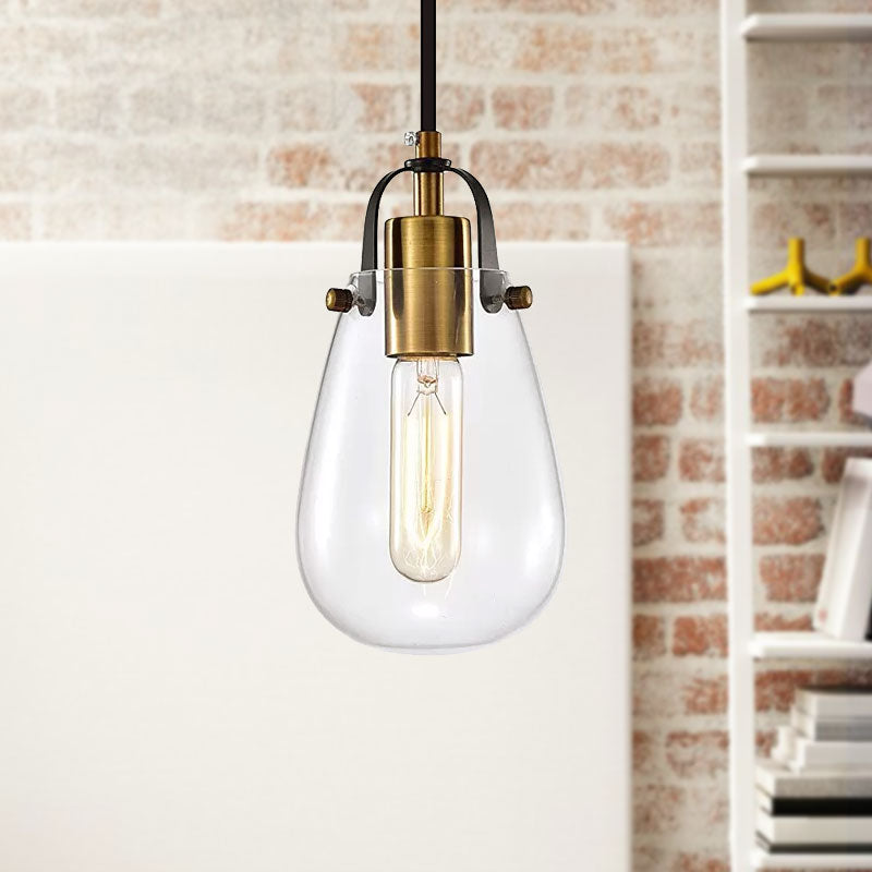 Rustic Bulb Shaped Hanging Ceiling Light 1 Light Clear Glass Pendant Lighting in Brass for Dining Room Clearhalo 'Ceiling Lights' 'Close To Ceiling Lights' 'Glass shade' 'Glass' 'Industrial Pendants' 'Industrial' 'Middle Century Pendants' 'Pendant Lights' 'Pendants' 'Tiffany' Lighting' 1415994