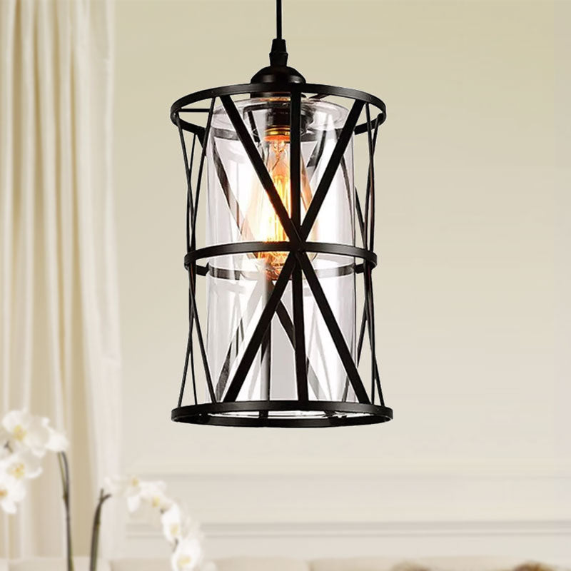 1 Light Pendant Lighting Industrial Cylinder Clear Glass Hanging Ceiling Light in Black with Iron Frame Clearhalo 'Ceiling Lights' 'Chandeliers' 'Glass shade' 'Glass' 'Industrial Pendants' 'Industrial' 'Middle Century Pendants' 'Pendant Lights' 'Pendants' 'Tiffany' Lighting' 1415995