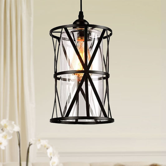 1 Light Pendant Lighting Industrial Cylinder Clear Glass Hanging Ceiling Light in Black with Iron Frame Clearhalo 'Ceiling Lights' 'Chandeliers' 'Glass shade' 'Glass' 'Industrial Pendants' 'Industrial' 'Middle Century Pendants' 'Pendant Lights' 'Pendants' 'Tiffany' Lighting' 1415995