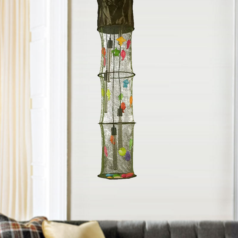 Creative Cylindrical Finishing Net Pendant Light with Fish Deco Fiber  Creative Green Hanging Light - Clearhalo