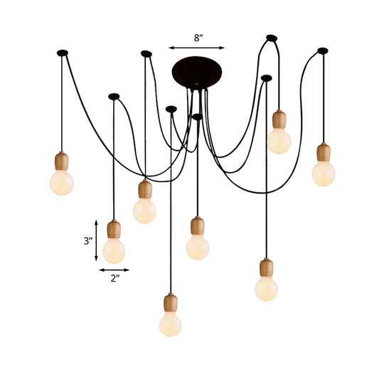 Black Swag Hanging Lamp with Exposed Bulb Industrial Wood 8/12 Lights Dining Room Pendant Lamp Clearhalo 'Ceiling Lights' 'Industrial Pendants' 'Industrial' 'Middle Century Pendants' 'Pendant Lights' 'Pendants' 'Tiffany' Lighting' 141599