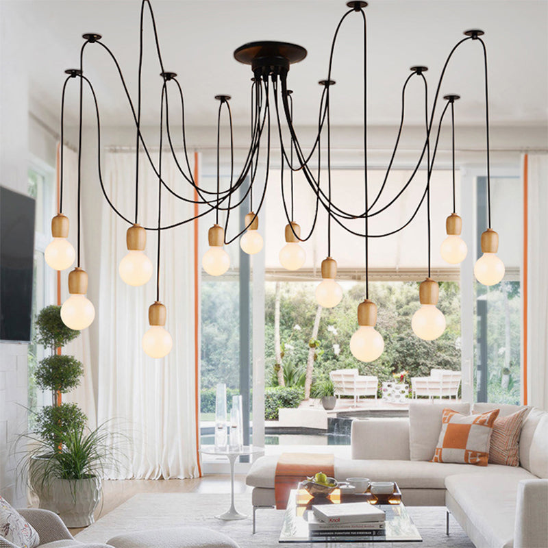 Black Swag Hanging Lamp with Exposed Bulb Industrial Wood 8/12 Lights Dining Room Pendant Lamp 12 Black Clearhalo 'Ceiling Lights' 'Industrial Pendants' 'Industrial' 'Middle Century Pendants' 'Pendant Lights' 'Pendants' 'Tiffany' Lighting' 141600